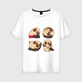 Женская футболка хлопок Oversize с принтом Мопс Красавчик в Екатеринбурге, 100% хлопок | свободный крой, круглый ворот, спущенный рукав, длина до линии бедер
 | pug | косметика | модник | модница | помада | собака