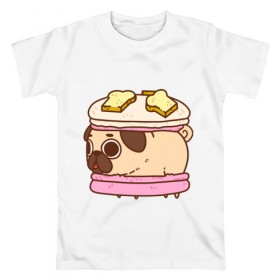 Мужская футболка хлопок с принтом Мопс Пироженко в Екатеринбурге, 100% хлопок | прямой крой, круглый вырез горловины, длина до линии бедер, слегка спущенное плечо. | fastfood | junkfood | pug | еда | макарун | мопс | пирожное | пончик | сладость | собака | фастфуд
