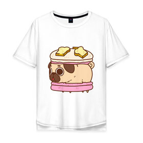 Мужская футболка хлопок Oversize с принтом Мопс Пироженко в Екатеринбурге, 100% хлопок | свободный крой, круглый ворот, “спинка” длиннее передней части | fastfood | junkfood | pug | еда | макарун | мопс | пирожное | пончик | сладость | собака | фастфуд