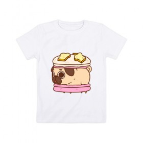 Детская футболка хлопок с принтом Мопс Пироженко в Екатеринбурге, 100% хлопок | круглый вырез горловины, полуприлегающий силуэт, длина до линии бедер | Тематика изображения на принте: fastfood | junkfood | pug | еда | макарун | мопс | пирожное | пончик | сладость | собака | фастфуд
