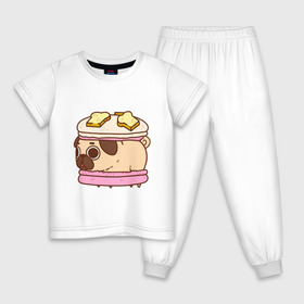 Детская пижама хлопок с принтом Мопс Пироженко в Екатеринбурге, 100% хлопок |  брюки и футболка прямого кроя, без карманов, на брюках мягкая резинка на поясе и по низу штанин
 | Тематика изображения на принте: fastfood | junkfood | pug | еда | макарун | мопс | пирожное | пончик | сладость | собака | фастфуд