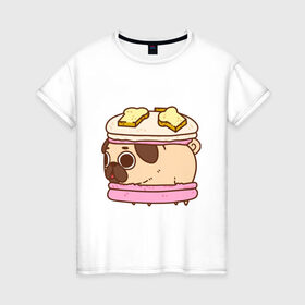 Женская футболка хлопок с принтом Мопс Пироженко в Екатеринбурге, 100% хлопок | прямой крой, круглый вырез горловины, длина до линии бедер, слегка спущенное плечо | fastfood | junkfood | pug | еда | макарун | мопс | пирожное | пончик | сладость | собака | фастфуд