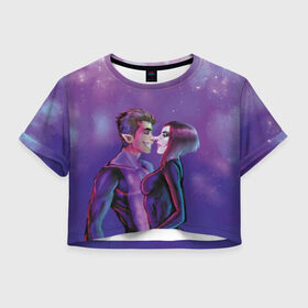 Женская футболка 3D укороченная с принтом Бистбой и Рэйвен в Екатеринбурге, 100% полиэстер | круглая горловина, длина футболки до линии талии, рукава с отворотами | beast boy | teen titans | бистбой | любовь | рейвен | рэйвен | юные титаны