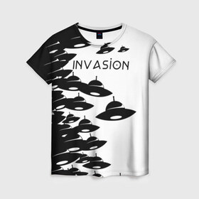 Женская футболка 3D с принтом Вторжение в Екатеринбурге, 100% полиэфир ( синтетическое хлопкоподобное полотно) | прямой крой, круглый вырез горловины, длина до линии бедер | invasion | ufo | вторжение | инопланетянин | летающая тарелка | нло | пришельцы