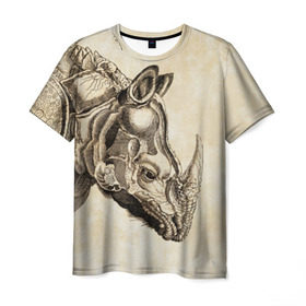 Мужская футболка 3D с принтом Носорог (гравюра Дюрера) в Екатеринбурге, 100% полиэфир | прямой крой, круглый вырез горловины, длина до линии бедер | Тематика изображения на принте: rhinoceros | гравюра | индия | латы | млекопитающий | непарнокопытный | рог | холст | чешуя