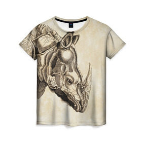 Женская футболка 3D с принтом Носорог (гравюра Дюрера) в Екатеринбурге, 100% полиэфир ( синтетическое хлопкоподобное полотно) | прямой крой, круглый вырез горловины, длина до линии бедер | rhinoceros | гравюра | индия | латы | млекопитающий | непарнокопытный | рог | холст | чешуя