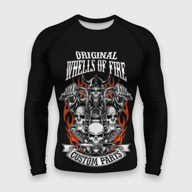 Мужской рашгард 3D с принтом Whells of fire в Екатеринбурге,  |  | biker | death | emblem | fire | flame | hel | knife | logo | motorcycle | retro | sign | skeleton | skull | slogan | vintage | байкер | винтаж | девиз | детали | знак | каска | логотип | лозунг | мотоцикл | мотоциклист | надпись | нестандартные | нож | ог