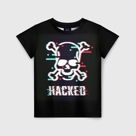 Детская футболка 3D с принтом Pirate sign в Екатеринбурге, 100% гипоаллергенный полиэфир | прямой крой, круглый вырез горловины, длина до линии бедер, чуть спущенное плечо, ткань немного тянется | Тематика изображения на принте: attack | bones | glitch | hacked | hacker | pirate | sign | skull | symbol | text | warning | атака | взломанный | глюк | знак | кости | пиратский | предупреждение | символ | текст | хакер | череп