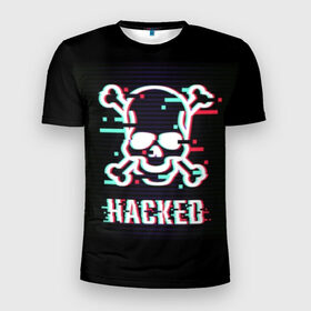 Мужская футболка 3D спортивная с принтом Pirate sign в Екатеринбурге, 100% полиэстер с улучшенными характеристиками | приталенный силуэт, круглая горловина, широкие плечи, сужается к линии бедра | attack | bones | glitch | hacked | hacker | pirate | sign | skull | symbol | text | warning | атака | взломанный | глюк | знак | кости | пиратский | предупреждение | символ | текст | хакер | череп