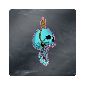 Магнит виниловый Квадрат с принтом повешенный череп в Екатеринбурге, полимерный материал с магнитным слоем | размер 9*9 см, закругленные углы | horror | веревка | зубы | повешенный | скелет | удавка | удушение | ужасы | челюсть | череп