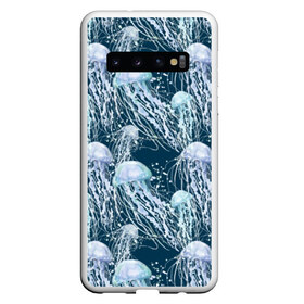 Чехол для Samsung Galaxy S10 с принтом Медузы в Екатеринбурге, Силикон | Область печати: задняя сторона чехла, без боковых панелей | Тематика изображения на принте: bubbles | cant | depth | dome | float | flock | jellyfish | long | mirror | sea | shimmer | tails | transparent | water | вода | глубина | длинные | зеркальное | косяк | купол | медузы | мерцание | море | плывут | прозрачные | пузыри | стая | хвосты