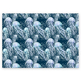 Поздравительная открытка с принтом Медузы в Екатеринбурге, 100% бумага | плотность бумаги 280 г/м2, матовая, на обратной стороне линовка и место для марки
 | bubbles | cant | depth | dome | float | flock | jellyfish | long | mirror | sea | shimmer | tails | transparent | water | вода | глубина | длинные | зеркальное | косяк | купол | медузы | мерцание | море | плывут | прозрачные | пузыри | стая | хвосты