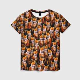 Женская футболка 3D с принтом Упоротые лисы в Екатеринбурге, 100% полиэфир ( синтетическое хлопкоподобное полотно) | прямой крой, круглый вырез горловины, длина до линии бедер | fox | животные | лис | лиса | лисичка | мем | паттрен | рыжий | толпа | упортый | фыр фыр