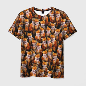 Мужская футболка 3D с принтом Упоротые лисы в Екатеринбурге, 100% полиэфир | прямой крой, круглый вырез горловины, длина до линии бедер | Тематика изображения на принте: fox | животные | лис | лиса | лисичка | мем | паттрен | рыжий | толпа | упортый | фыр фыр