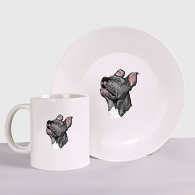 Набор: тарелка + кружка с принтом Pitbull в Екатеринбурге, керамика | Кружка: объем — 330 мл, диаметр — 80 мм. Принт наносится на бока кружки, можно сделать два разных изображения. 
Тарелка: диаметр - 210 мм, диаметр для нанесения принта - 120 мм. | dog | pitbull | питбуль | собака | собаки