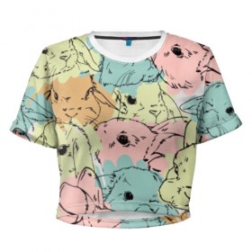Женская футболка 3D укороченная с принтом Акварельные Зайки в Екатеринбурге, 100% полиэстер | круглая горловина, длина футболки до линии талии, рукава с отворотами | зая | заяц | кисти | кляксы | краски | кролик | мазки | милый | мимими | пушистый | пятна | рисунок | цветной | ценный мех