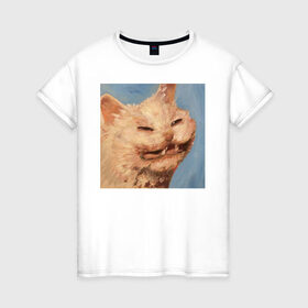 Женская футболка хлопок с принтом МЕМ КОТ в Екатеринбурге, 100% хлопок | прямой крой, круглый вырез горловины, длина до линии бедер, слегка спущенное плечо | искусство | кот | кот мем | котомем | коты мемы | кошка | кошка мем | лицо | лицо кота | лицо кошки | мем | мем кот | мем кошка | нарисованный | перекосившиеся лицо | рисунок | рожа кота