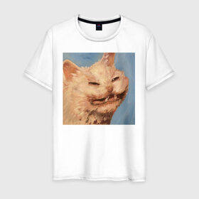 Мужская футболка хлопок с принтом МЕМ КОТ в Екатеринбурге, 100% хлопок | прямой крой, круглый вырез горловины, длина до линии бедер, слегка спущенное плечо. | искусство | кот | кот мем | котомем | коты мемы | кошка | кошка мем | лицо | лицо кота | лицо кошки | мем | мем кот | мем кошка | нарисованный | перекосившиеся лицо | рисунок | рожа кота