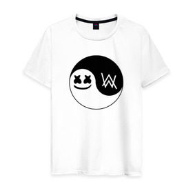 Мужская футболка хлопок с принтом Marshmello VS Alan Walker в Екатеринбурге, 100% хлопок | прямой крой, круглый вырез горловины, длина до линии бедер, слегка спущенное плечо. | Тематика изображения на принте: 