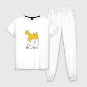 Женская пижама хлопок с принтом Shiba Dog в Екатеринбурге, 100% хлопок | брюки и футболка прямого кроя, без карманов, на брюках мягкая резинка на поясе и по низу штанин | doge | иероглифы | китай | китайский | пес | сиба ину дож | собака | япония | японский