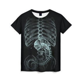 Женская футболка 3D с принтом Чужой на Рентгене в Екатеринбурге, 100% полиэфир ( синтетическое хлопкоподобное полотно) | прямой крой, круглый вырез горловины, длина до линии бедер | alien | больница | больной | внутренний мир | врач | клиника | кости | пациент | ребра | рентген | скелет | снимок | хищник