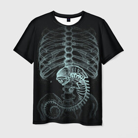 Мужская футболка 3D с принтом Чужой на Рентгене  в Екатеринбурге, 100% полиэфир | прямой крой, круглый вырез горловины, длина до линии бедер | alien | больница | больной | внутренний мир | врач | клиника | кости | пациент | ребра | рентген | скелет | снимок | хищник