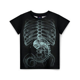 Детская футболка 3D с принтом Чужой на Рентгене в Екатеринбурге, 100% гипоаллергенный полиэфир | прямой крой, круглый вырез горловины, длина до линии бедер, чуть спущенное плечо, ткань немного тянется | Тематика изображения на принте: alien | больница | больной | внутренний мир | врач | клиника | кости | пациент | ребра | рентген | скелет | снимок | хищник