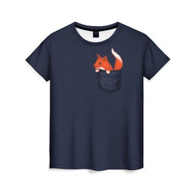 Женская футболка 3D с принтом Лисенок в Кармашке в Екатеринбурге, 100% полиэфир ( синтетическое хлопкоподобное полотно) | прямой крой, круглый вырез горловины, длина до линии бедер | animal | fox | детский | карман | лапочка | лиса | милый | мимими | хороший
