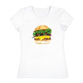 Женская футболка хлопок с принтом Акварельный Бургер в Екатеринбурге, 100% хлопок | прямой крой, круглый вырез горловины, длина до линии бедер, слегка спущенное плечо | 