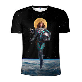 Мужская футболка 3D спортивная с принтом Девушка-космонавт в Екатеринбурге, 100% полиэстер с улучшенными характеристиками | приталенный силуэт, круглая горловина, широкие плечи, сужается к линии бедра | nasa | вселенная | девушка | звёзды | земля | космос | луна | наса | небо | нимб | планета | скафандр | спутник | ссср