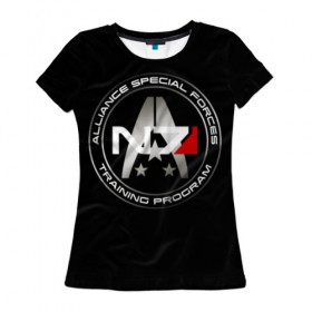 Женская футболка 3D с принтом Mass Effect в Екатеринбурге, 100% полиэфир ( синтетическое хлопкоподобное полотно) | прямой крой, круглый вырез горловины, длина до линии бедер | andromeda | n7 | игры | компьютерные игры | масс эффект