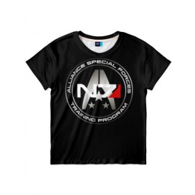Детская футболка 3D с принтом Mass Effect в Екатеринбурге, 100% гипоаллергенный полиэфир | прямой крой, круглый вырез горловины, длина до линии бедер, чуть спущенное плечо, ткань немного тянется | Тематика изображения на принте: andromeda | n7 | игры | компьютерные игры | масс эффект