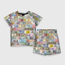 Детский костюм с шортами 3D с принтом Деньги мира в Екатеринбурге,  |  | chf | eur | gbp | jpy | usd | баксы | банкноты | валюта | доллар | евро | купюры | паунд | рубль. | свисси | финансы | фунт стерлингов | швейцарский франк | японская йена