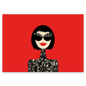 Поздравительная открытка с принтом Fashion woman в Екатеринбурге, 100% бумага | плотность бумаги 280 г/м2, матовая, на обратной стороне линовка и место для марки
 | Тематика изображения на принте: black | brunette | caret | design | fashionable | girl | hairstyle | leaves | lips | patterns | plants | pop art | portrait | red | smile | woman | брюнетка | губы | девушка | дизайн | женщина | каре | красные | листья | модная | очки | поп арт 