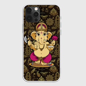 Чехол для iPhone 12 Pro с принтом Ganesha в Екатеринбурге, силикон | область печати: задняя сторона чехла, без боковых панелей | animal | ax | crown | decoration | elephant | ethnic | flower | food | god | gold | hands | hold | india | lily | mouse | благополучие | бог | божество | ганеша | держит | еда | животное | золото | индия | индуизм | корона | лилия | м | много | мудрость |