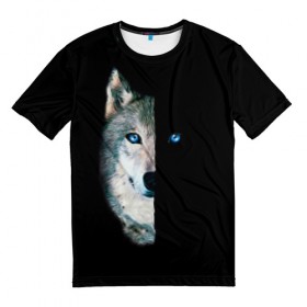 Мужская футболка 3D с принтом Волк в Екатеринбурге, 100% полиэфир | прямой крой, круглый вырез горловины, длина до линии бедер | animal | art | blue | day | head | muzzle | night | predator | view | wild | wolf | взгляд | волк | голова | день | дикий | животное | искусство | ночь | синий | хищник