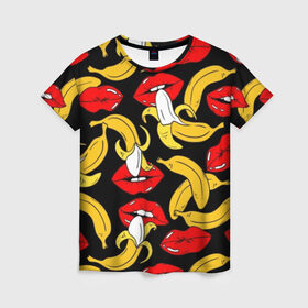 Женская футболка 3D с принтом Губы и бананы в Екатеринбурге, 100% полиэфир ( синтетическое хлопкоподобное полотно) | прямой крой, круглый вырез горловины, длина до линии бедер | background | bananas | black | drawing | erotic | food | fruit | lips | red | womens | бананы | губы | еда | женские | красные | рисунок | фон | фрукты | черный