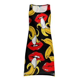 Платье-майка 3D с принтом Губы и бананы в Екатеринбурге, 100% полиэстер | полуприлегающий силуэт, широкие бретели, круглый вырез горловины, удлиненный подол сзади. | background | bananas | black | drawing | erotic | food | fruit | lips | red | womens | бананы | губы | еда | женские | красные | рисунок | фон | фрукты | черный