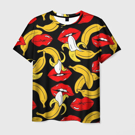 Мужская футболка 3D с принтом Губы и бананы в Екатеринбурге, 100% полиэфир | прямой крой, круглый вырез горловины, длина до линии бедер | Тематика изображения на принте: background | bananas | black | drawing | erotic | food | fruit | lips | red | womens | бананы | губы | еда | женские | красные | рисунок | фон | фрукты | черный