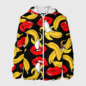 Мужская куртка 3D с принтом Губы и бананы в Екатеринбурге, ткань верха — 100% полиэстер, подклад — флис | прямой крой, подол и капюшон оформлены резинкой с фиксаторами, два кармана без застежек по бокам, один большой потайной карман на груди. Карман на груди застегивается на липучку | background | bananas | black | drawing | erotic | food | fruit | lips | red | womens | бананы | губы | еда | женские | красные | рисунок | фон | фрукты | черный