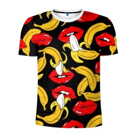 Мужская футболка 3D спортивная с принтом Губы и бананы в Екатеринбурге, 100% полиэстер с улучшенными характеристиками | приталенный силуэт, круглая горловина, широкие плечи, сужается к линии бедра | background | bananas | black | drawing | erotic | food | fruit | lips | red | womens | бананы | губы | еда | женские | красные | рисунок | фон | фрукты | черный