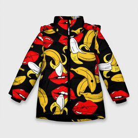 Зимняя куртка для девочек 3D с принтом Губы и бананы в Екатеринбурге, ткань верха — 100% полиэстер; подклад — 100% полиэстер, утеплитель — 100% полиэстер. | длина ниже бедра, удлиненная спинка, воротник стойка и отстегивающийся капюшон. Есть боковые карманы с листочкой на кнопках, утяжки по низу изделия и внутренний карман на молнии. 

Предусмотрены светоотражающий принт на спинке, радужный светоотражающий элемент на пуллере молнии и на резинке для утяжки. | background | bananas | black | drawing | erotic | food | fruit | lips | red | womens | бананы | губы | еда | женские | красные | рисунок | фон | фрукты | черный