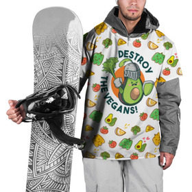 Накидка на куртку 3D с принтом Уничтожим Веганов в Екатеринбурге, 100% полиэстер |  | готовым к битве с vegans | изображение злого авокадо | одетого как рыцарь | с палочкой из сельдерея как мечом