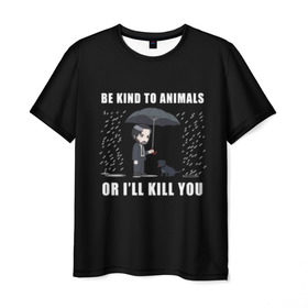 Мужская футболка 3D с принтом Be Kind to Animals в Екатеринбурге, 100% полиэфир | прямой крой, круглый вырез горловины, длина до линии бедер | Тематика изображения на принте: be kind to animals | cinema | dog | dogs | john wick | keanu reeves | джон уик | животные | пес | собака