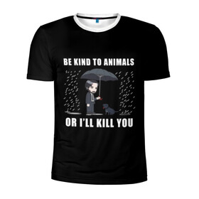 Мужская футболка 3D спортивная с принтом Be Kind to Animals в Екатеринбурге, 100% полиэстер с улучшенными характеристиками | приталенный силуэт, круглая горловина, широкие плечи, сужается к линии бедра | Тематика изображения на принте: be kind to animals | cinema | dog | dogs | john wick | keanu reeves | джон уик | животные | пес | собака