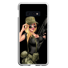 Чехол для Samsung S10E с принтом Sexy army girl в Екатеринбурге, Силикон | Область печати: задняя сторона чехла, без боковых панелей | army | automatic | beautiful | big | black | blonde | body | camouflage | chest | cool | eyes | girl | holds | perfect | slim | uniform | weapon | автомат | армия | блондинка | большая | глаза | девушка | держит | идеальное | камуфляж | красивая