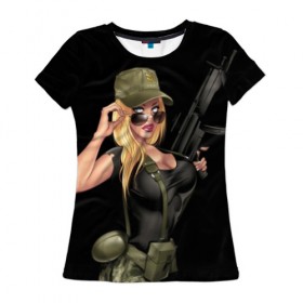 Женская футболка 3D с принтом Sexy army girl в Екатеринбурге, 100% полиэфир ( синтетическое хлопкоподобное полотно) | прямой крой, круглый вырез горловины, длина до линии бедер | army | automatic | beautiful | big | black | blonde | body | camouflage | chest | cool | eyes | girl | holds | perfect | slim | uniform | weapon | автомат | армия | блондинка | большая | глаза | девушка | держит | идеальное | камуфляж | красивая