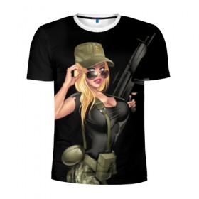 Мужская футболка 3D спортивная с принтом Sexy army girl в Екатеринбурге, 100% полиэстер с улучшенными характеристиками | приталенный силуэт, круглая горловина, широкие плечи, сужается к линии бедра | Тематика изображения на принте: army | automatic | beautiful | big | black | blonde | body | camouflage | chest | cool | eyes | girl | holds | perfect | slim | uniform | weapon | автомат | армия | блондинка | большая | глаза | девушка | держит | идеальное | камуфляж | красивая