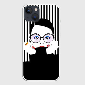 Чехол для iPhone 13 с принтом Fashion girl в Екатеринбурге,  |  | art | beautiful | black | black and white | bright | d | fashion | girl | gold | graphic | pop art | ring | round | woman | young | брюнетка | девушка | женщина | золото | искусство | кольцо | красивая | макияж | маникюр | мода | молодая | очки 