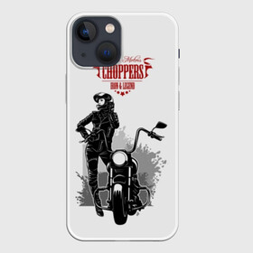 Чехол для iPhone 13 mini с принтом Choppers в Екатеринбурге,  |  | beautiful | black | choppers | emblem | font | girl | helmet | inscription | leather | motorcycle | rider | spl | spots | stars | woman | young | брызги | девушка | женщина | звезды | кожа | комбинезон | красивая | молодая | мотоцикл | мотоциклистка | над